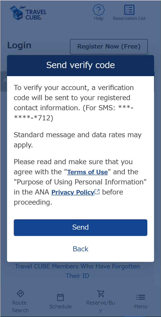 English login screen of TRAVEL CUBE. A pop-up titled 'Send verify code' is displayed in the center. It informs the user that a verification code will be sent to their registered contact information (SMS ending in 712) and notes that standard message and data rates may apply. Below the text, it asks users to read and agree to the 'Terms of Use' and 'Privacy Policy'. At the bottom, an active blue 'Send' button and a 'Back' link are provided.